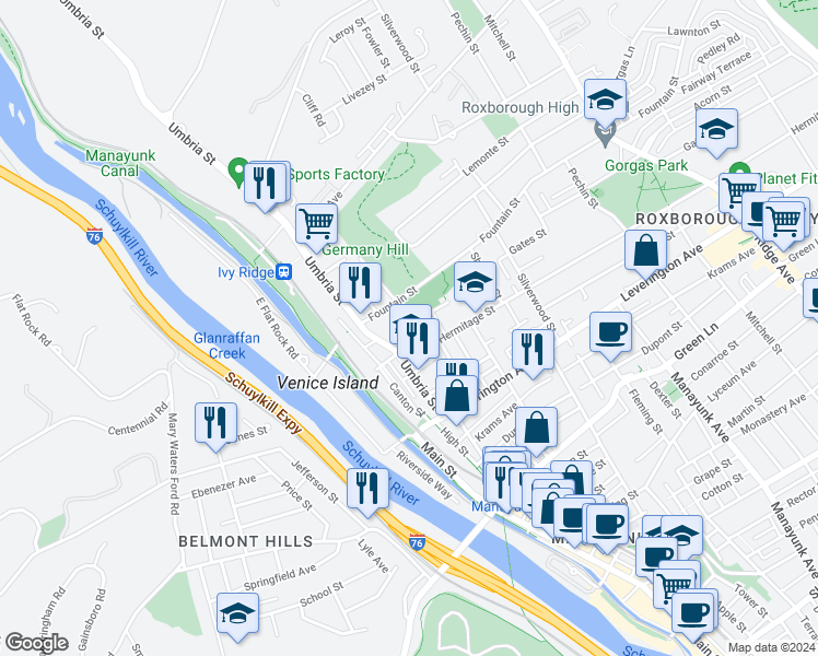 map of restaurants, bars, coffee shops, grocery stores, and more near 4728 Smick Street in Philadelphia