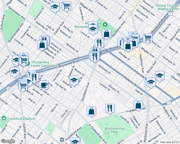 map of restaurants, bars, coffee shops, grocery stores, and more near 6134 Bustleton Avenue in Philadelphia