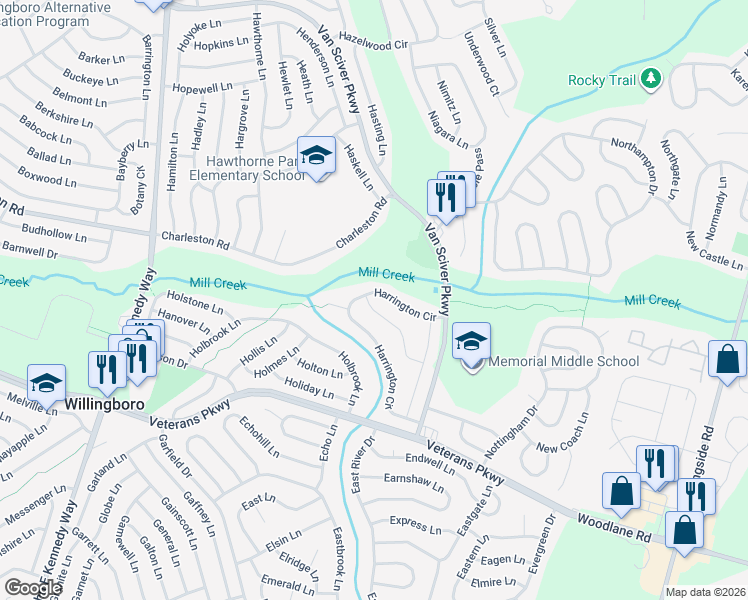 map of restaurants, bars, coffee shops, grocery stores, and more near 47 Harwick Lane in Willingboro