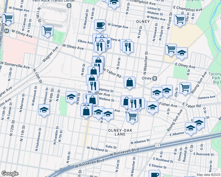 map of restaurants, bars, coffee shops, grocery stores, and more near in Philadelphia
