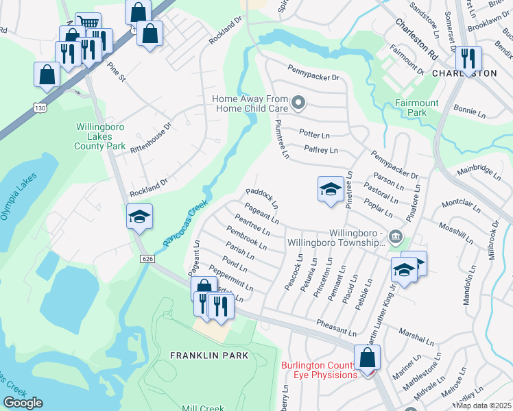 map of restaurants, bars, coffee shops, grocery stores, and more near 104 Pageant Lane in Willingboro