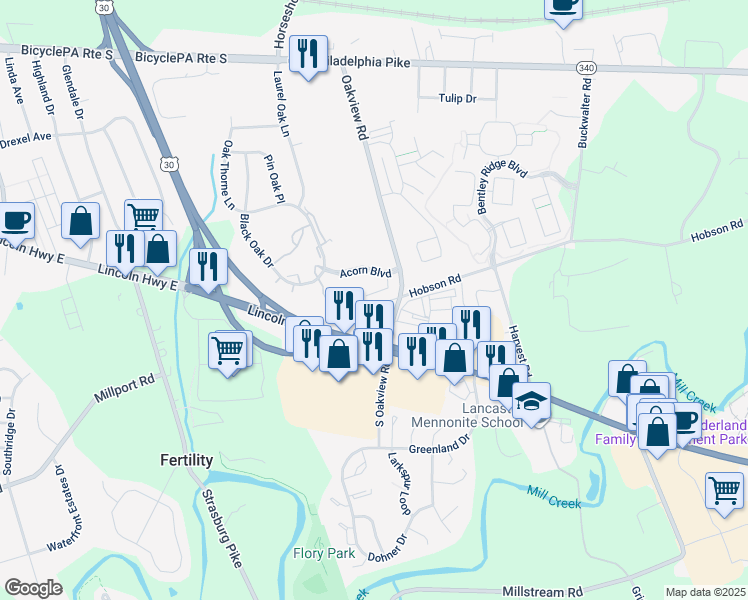 map of restaurants, bars, coffee shops, grocery stores, and more near 18 Acorn Boulevard in Lancaster