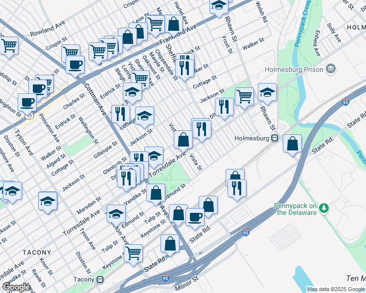 map of restaurants, bars, coffee shops, grocery stores, and more near 4618 Vista Street in Philadelphia