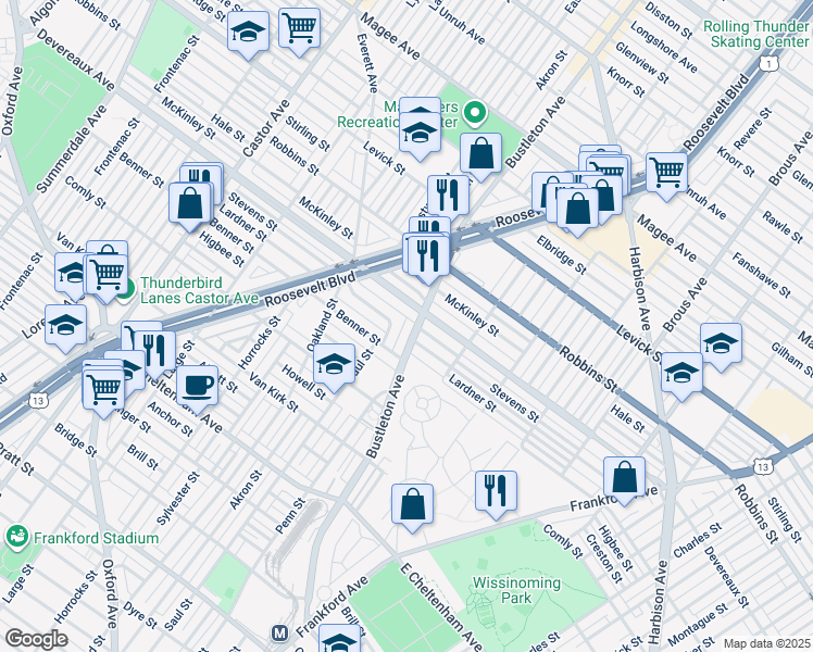 map of restaurants, bars, coffee shops, grocery stores, and more near 6134 Bustleton Avenue in Philadelphia