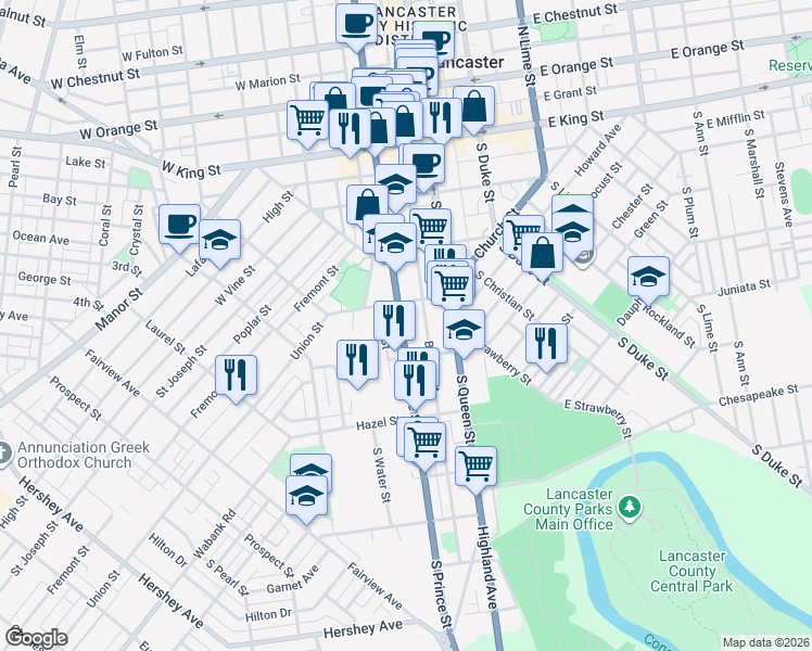 map of restaurants, bars, coffee shops, grocery stores, and more near 337 South Prince Street in Lancaster