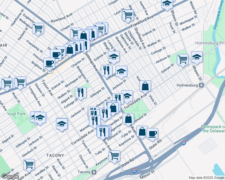 map of restaurants, bars, coffee shops, grocery stores, and more near 4501 Cottman Avenue in Philadelphia