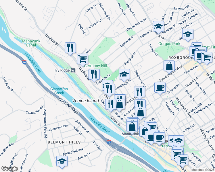 map of restaurants, bars, coffee shops, grocery stores, and more near 4728 Smick Street in Philadelphia