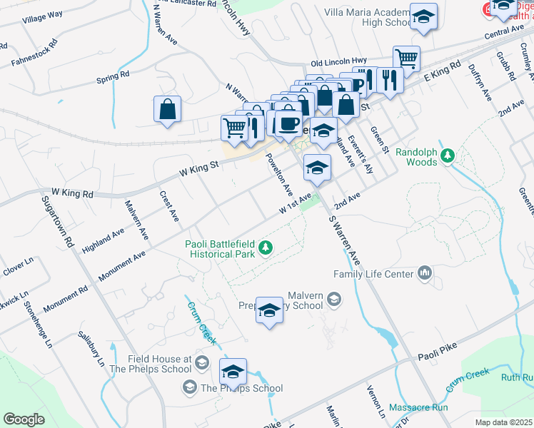 map of restaurants, bars, coffee shops, grocery stores, and more near 147 West 1st Avenue in Malvern