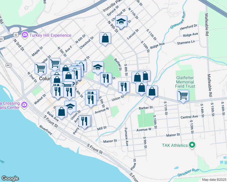 map of restaurants, bars, coffee shops, grocery stores, and more near 204 South 6th Street in Columbia