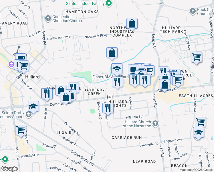 map of restaurants, bars, coffee shops, grocery stores, and more near 4876 County Road 30 in Hilliard