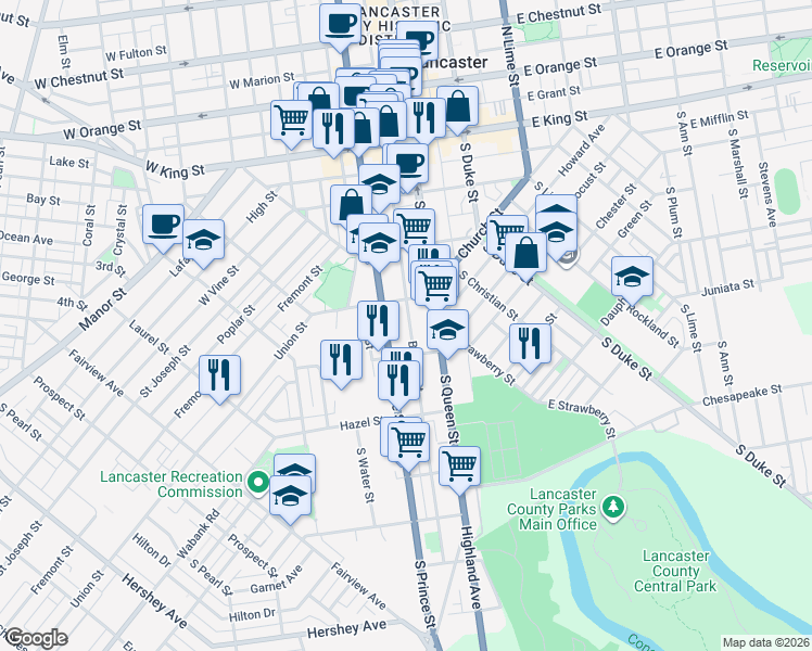 map of restaurants, bars, coffee shops, grocery stores, and more near 337 South Prince Street in Lancaster