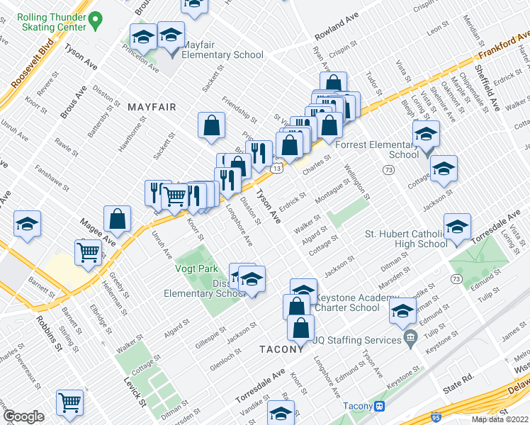 map of restaurants, bars, coffee shops, grocery stores, and more near 4118 Tyson Avenue in Philadelphia