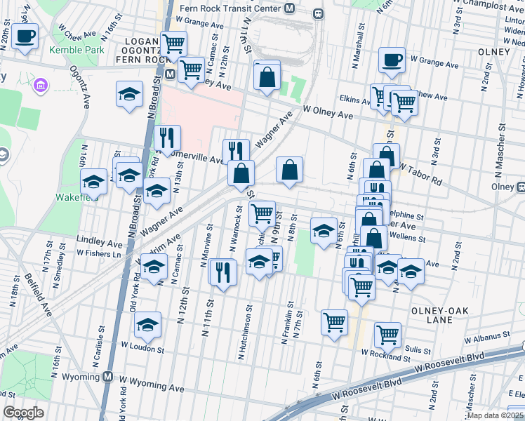 map of restaurants, bars, coffee shops, grocery stores, and more near 5252 North Hutchinson Street in Philadelphia