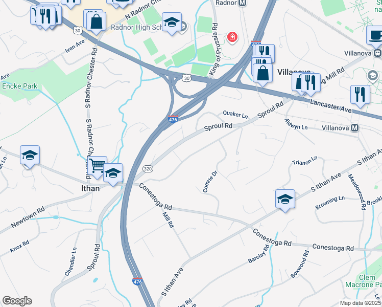 map of restaurants, bars, coffee shops, grocery stores, and more near 180 South Spring Mill Road in Villanova