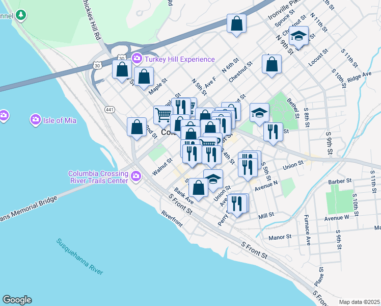 map of restaurants, bars, coffee shops, grocery stores, and more near 26 North 3rd Street in Columbia