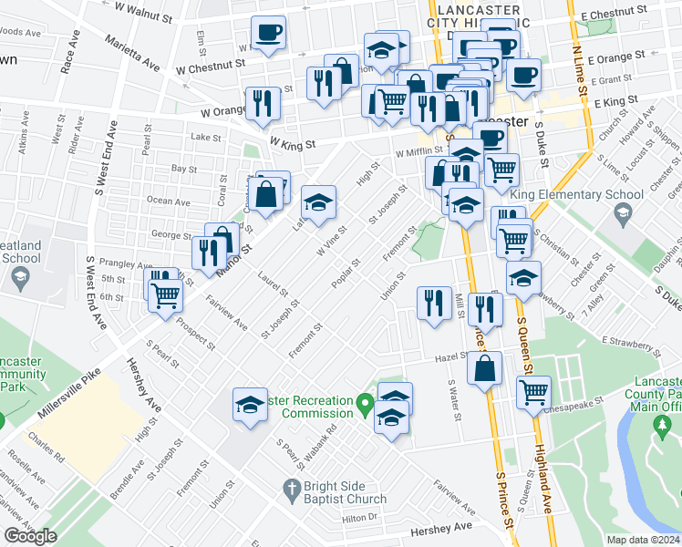 map of restaurants, bars, coffee shops, grocery stores, and more near 617 Poplar Street in Lancaster