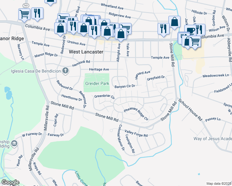 map of restaurants, bars, coffee shops, grocery stores, and more near 206 Bent Pine Court North in Lancaster