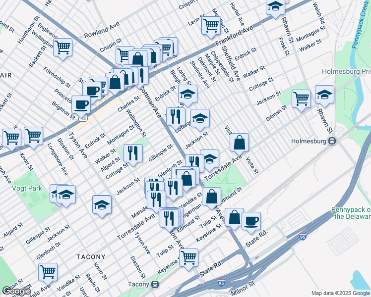 map of restaurants, bars, coffee shops, grocery stores, and more near 4501 Cottman Avenue in Philadelphia