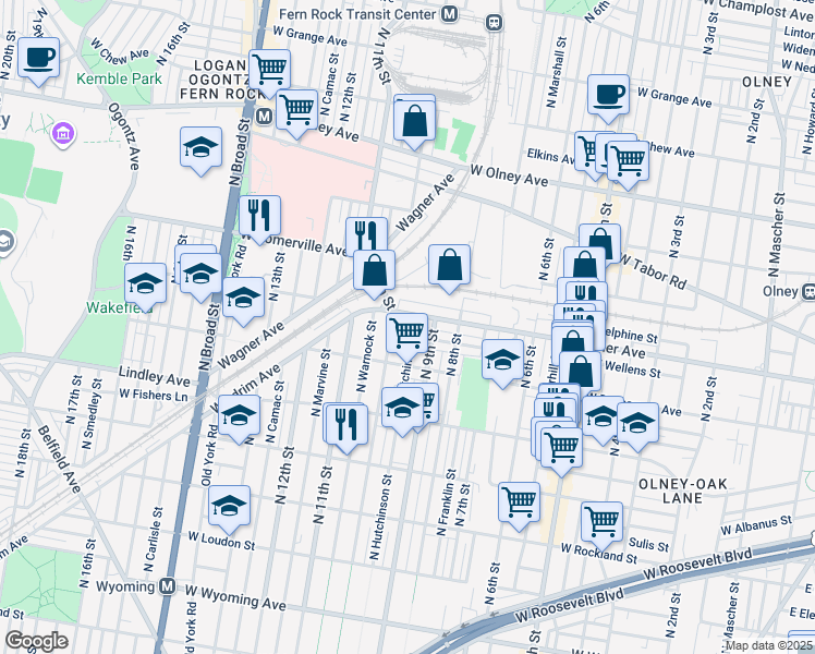 map of restaurants, bars, coffee shops, grocery stores, and more near 5252 North Hutchinson Street in Philadelphia