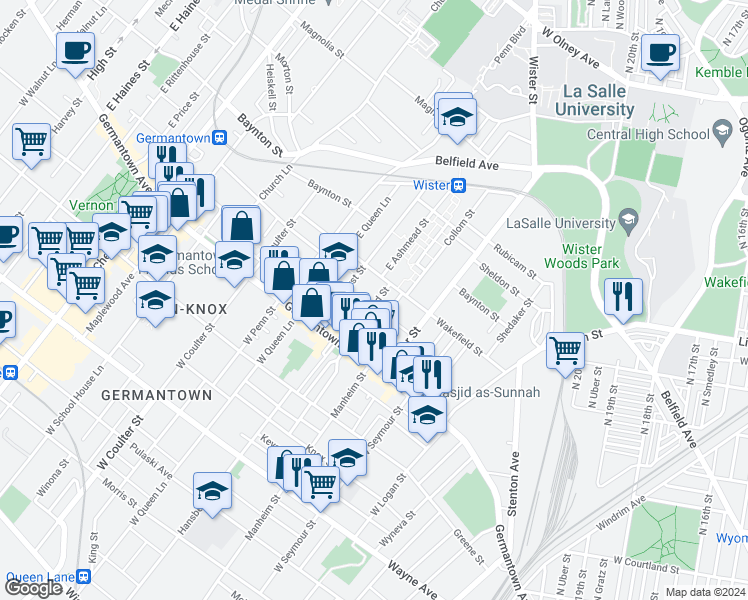 map of restaurants, bars, coffee shops, grocery stores, and more near 83 East Ashmead Street in Philadelphia