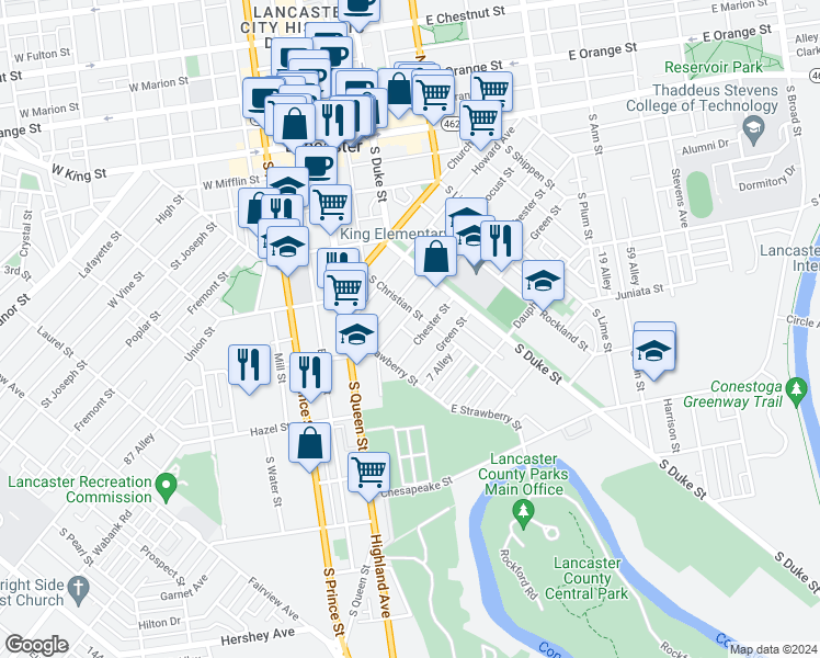 map of restaurants, bars, coffee shops, grocery stores, and more near 455 Atlantic Avenue in Lancaster