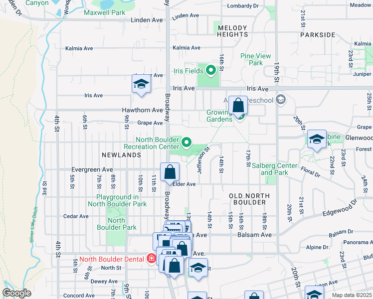map of restaurants, bars, coffee shops, grocery stores, and more near 3170 Broadway Street in Boulder