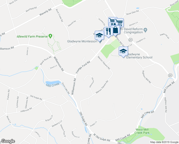 map of restaurants, bars, coffee shops, grocery stores, and more near 249 Glenmoor Road in Gladwyne