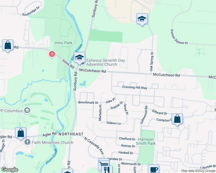 map of restaurants, bars, coffee shops, grocery stores, and more near 3155 Crossing Hill Way in Columbus