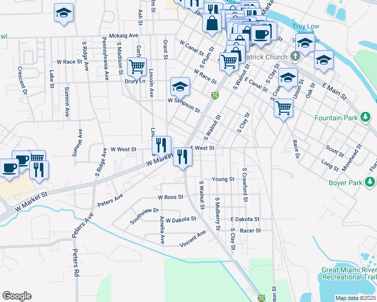 map of restaurants, bars, coffee shops, grocery stores, and more near 715 South Market Street in Troy