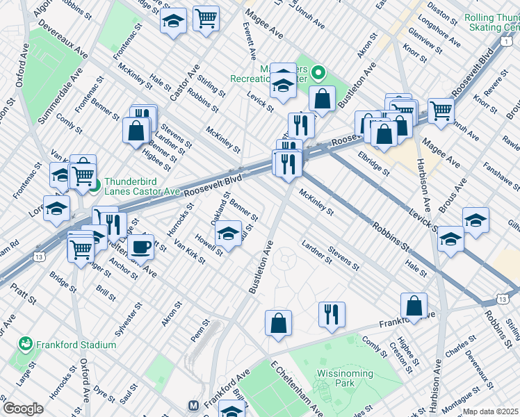 map of restaurants, bars, coffee shops, grocery stores, and more near 1966 Lardner St in Philadelphia