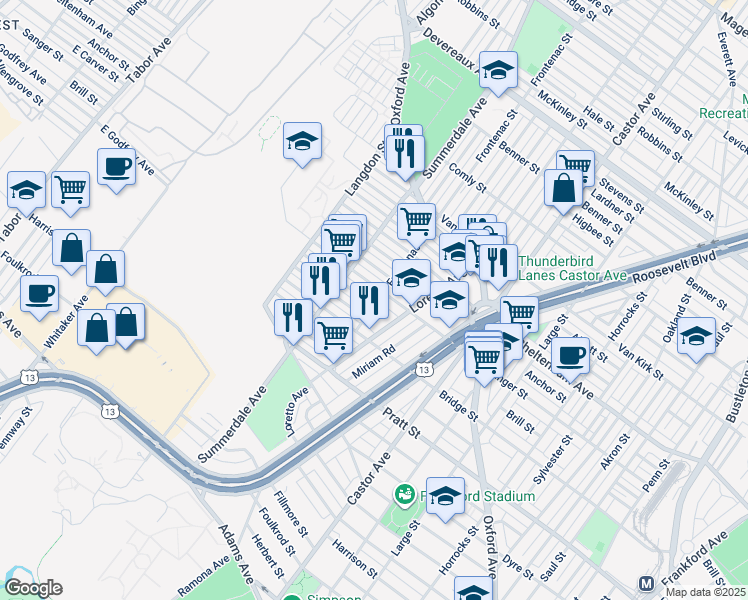 map of restaurants, bars, coffee shops, grocery stores, and more near 953 Brill Street in Philadelphia