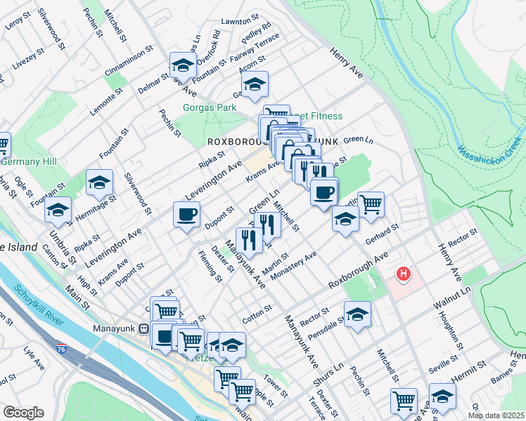 map of restaurants, bars, coffee shops, grocery stores, and more near 421 Green Lane in Philadelphia