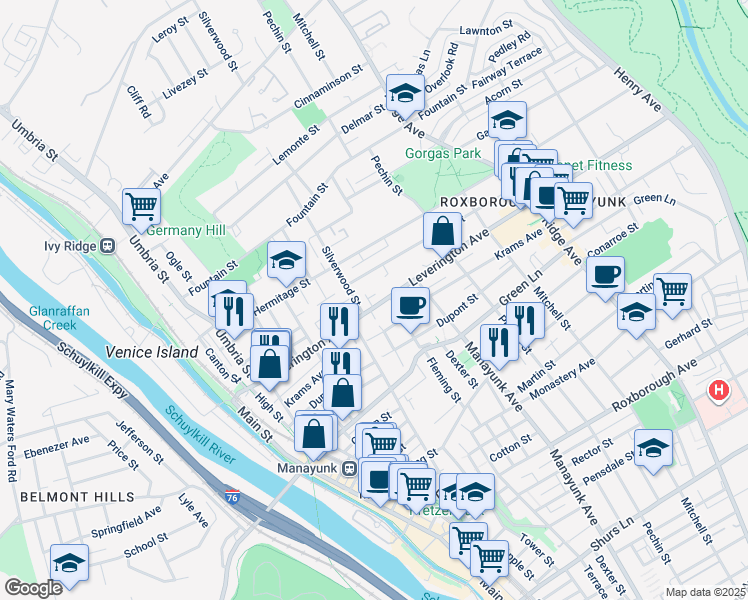 map of restaurants, bars, coffee shops, grocery stores, and more near 332 Leverington Avenue in Philadelphia
