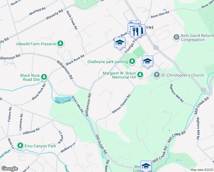 map of restaurants, bars, coffee shops, grocery stores, and more near 249 Glenmoor Road in Gladwyne