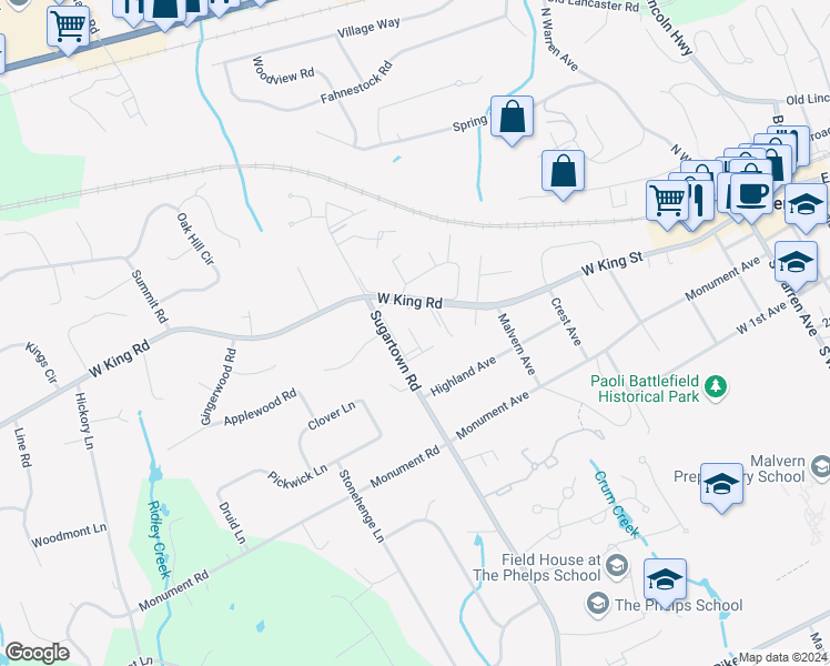 map of restaurants, bars, coffee shops, grocery stores, and more near 1208 Raintree Lane in Malvern