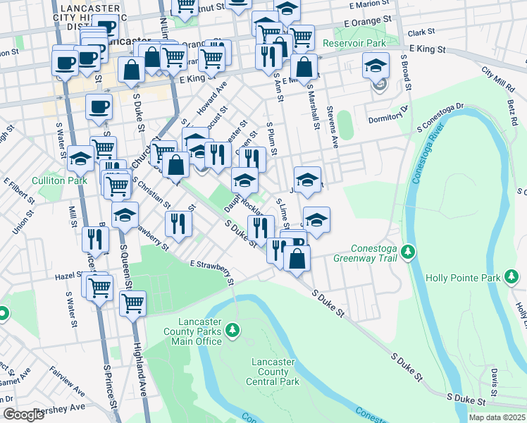 map of restaurants, bars, coffee shops, grocery stores, and more near 235 Juniata Street in Lancaster