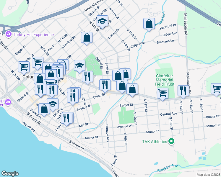 map of restaurants, bars, coffee shops, grocery stores, and more near 267 South 8th Street in Columbia