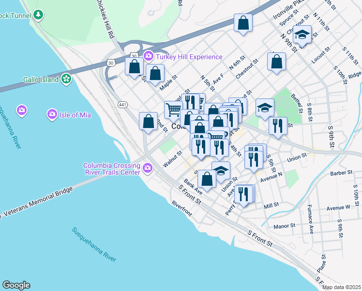 map of restaurants, bars, coffee shops, grocery stores, and more near 214 Walnut Street in Columbia