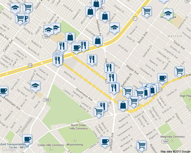 map of restaurants, bars, coffee shops, grocery stores, and more near 6342 Revere St in Philadelphia