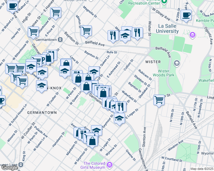 map of restaurants, bars, coffee shops, grocery stores, and more near 96 East Ashmead Street in Philadelphia