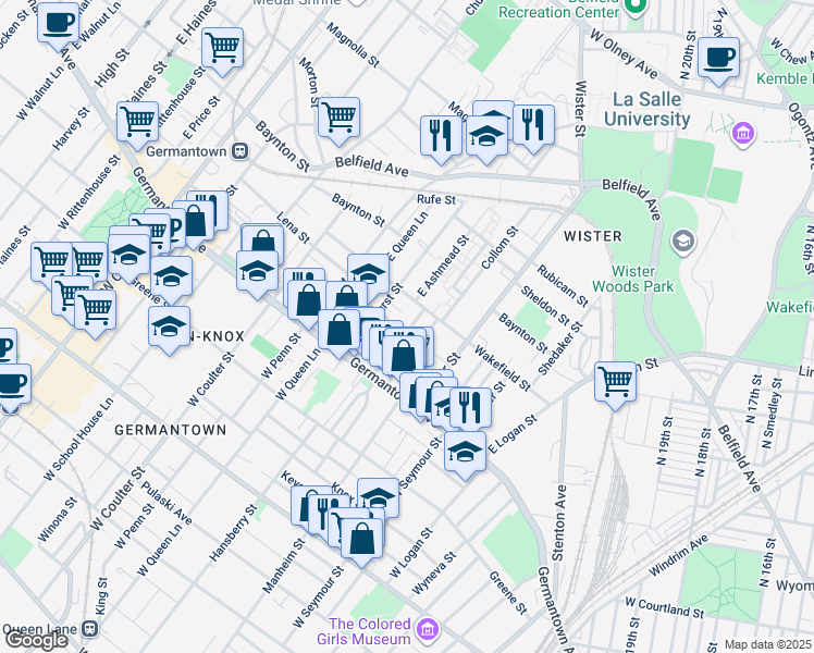 map of restaurants, bars, coffee shops, grocery stores, and more near 83 East Ashmead Street in Philadelphia