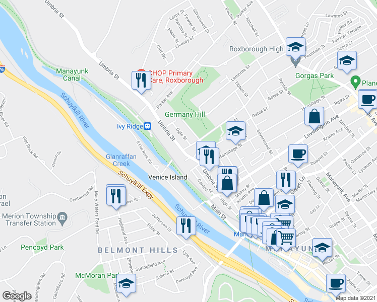 map of restaurants, bars, coffee shops, grocery stores, and more near 141 Fountain Street in Philadelphia