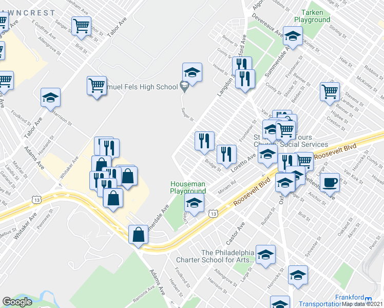 map of restaurants, bars, coffee shops, grocery stores, and more near 868 Bridge Street in Philadelphia