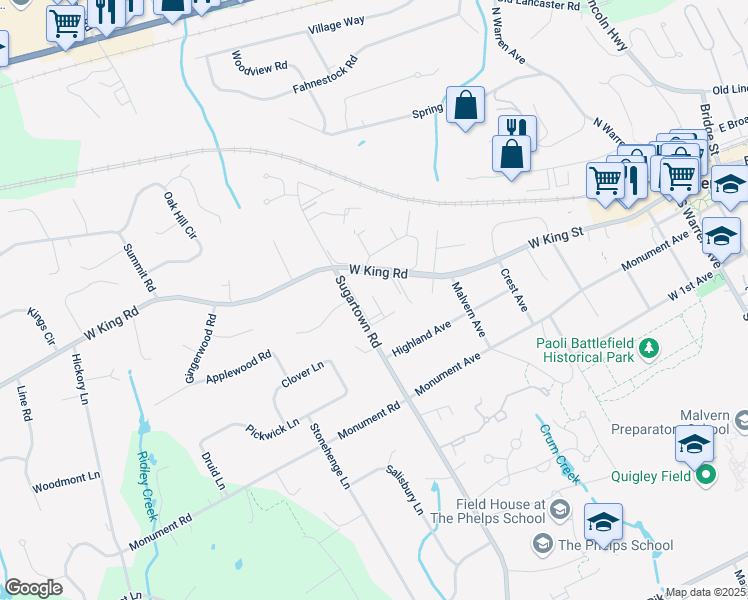 map of restaurants, bars, coffee shops, grocery stores, and more near 1808 Raintree Lane in Malvern
