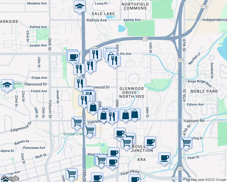 map of restaurants, bars, coffee shops, grocery stores, and more near in Boulder