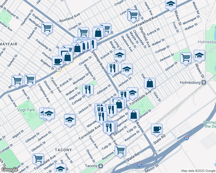 map of restaurants, bars, coffee shops, grocery stores, and more near 7236 Jackson Street in Philadelphia