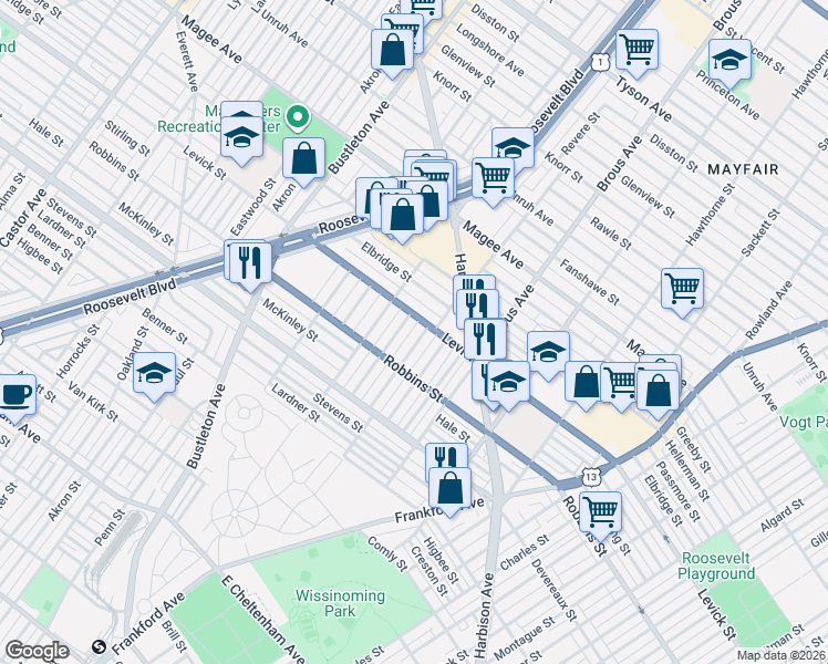 map of restaurants, bars, coffee shops, grocery stores, and more near 6322 Revere Street in Philadelphia