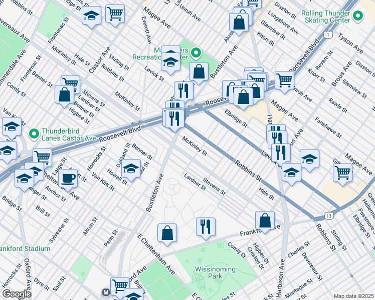 map of restaurants, bars, coffee shops, grocery stores, and more near 2033 Devereaux Avenue in Philadelphia