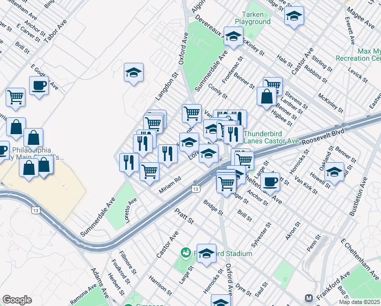 map of restaurants, bars, coffee shops, grocery stores, and more near 980 Sanger Street in Philadelphia