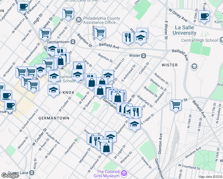 map of restaurants, bars, coffee shops, grocery stores, and more near 5213 Germantown Avenue in Philadelphia